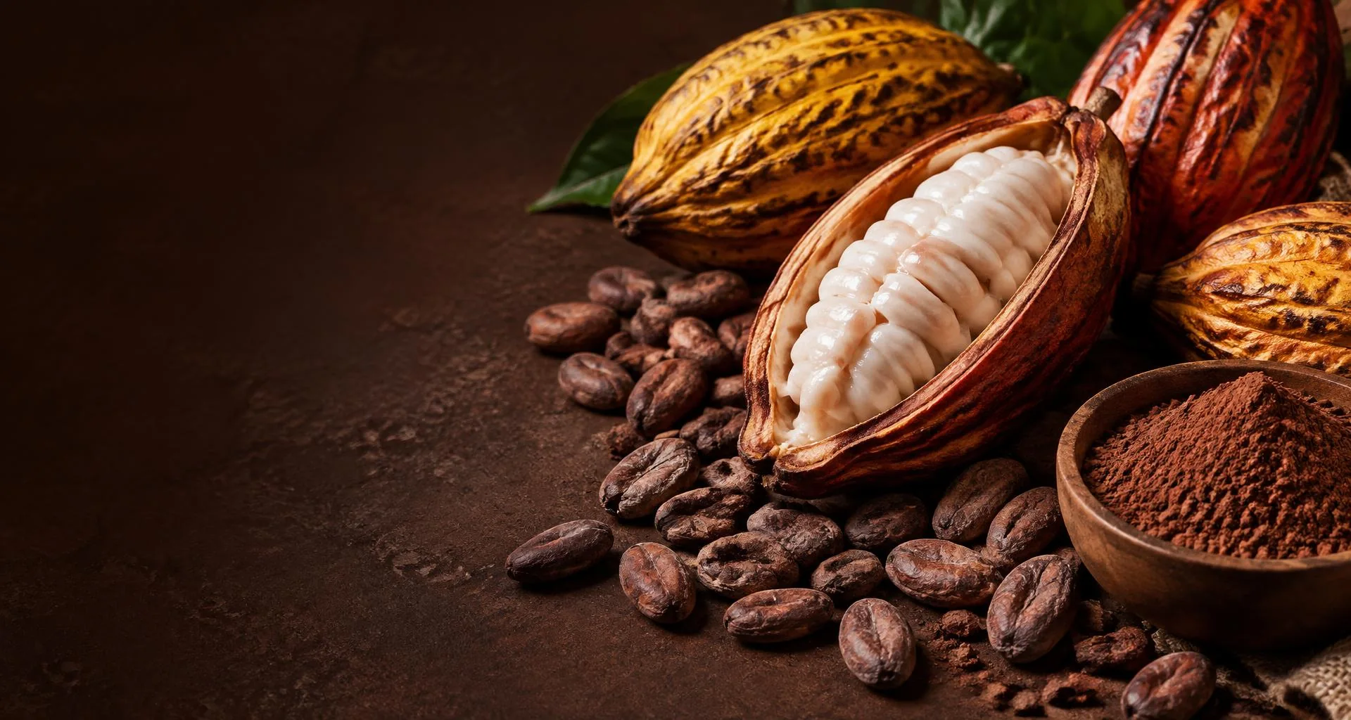 Open cocoa pods and dried cocoa beans